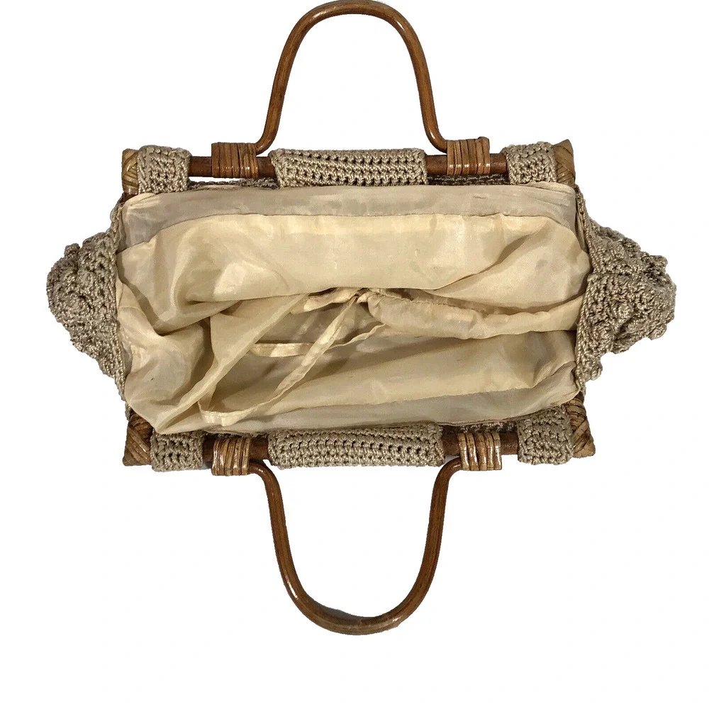 Vintage Crochet Wood Handle Handbag Tan Bauble Bubbles Lined Retro Neutral Beige
